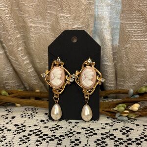 Elegant Gold and Cream Cameo Earrings